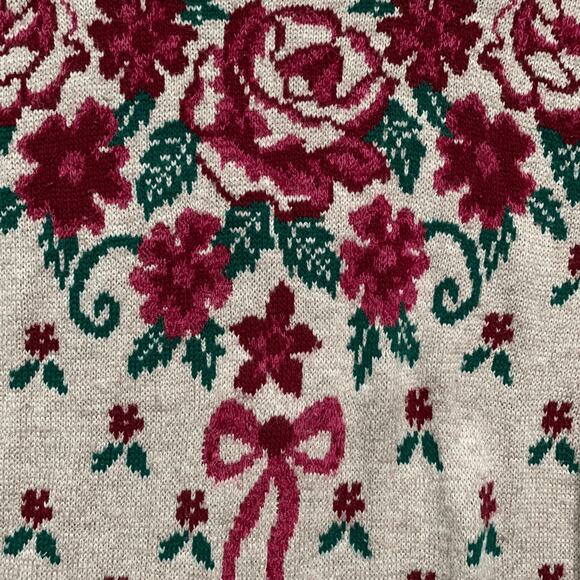 Vintage 90s Sweater Tan Burgundy Floral Bow Knit Design Scalloped Neck Coquette - Picture 9 of 10